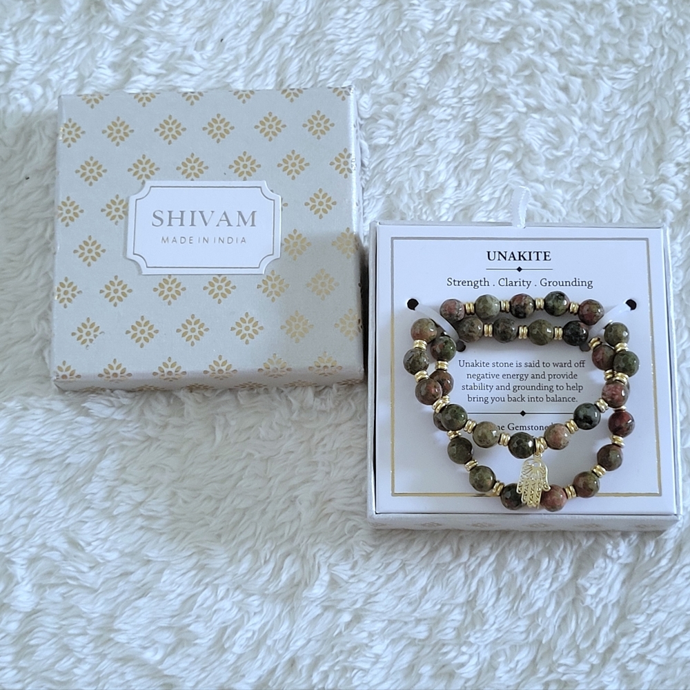 Shivam Unakite Stretch Bracelet Duo✌️ with Hamsa🤚Charm - NIB - Picture 4 of 15